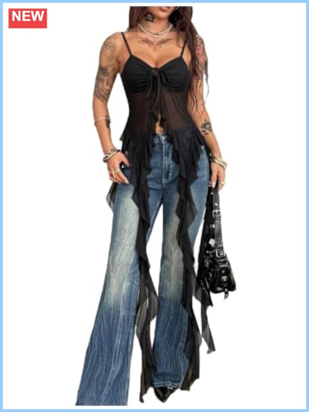 Women's Y2K Sheer Tie Front Ruffle Asymmetrical Rave Concert Cami Top